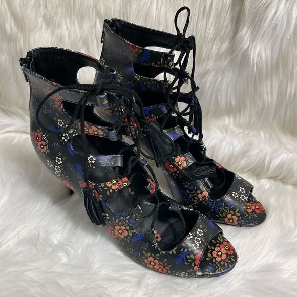Nine West black multi color floral prints lace up sandals black tassels SZ12 - Picture 1 of 13